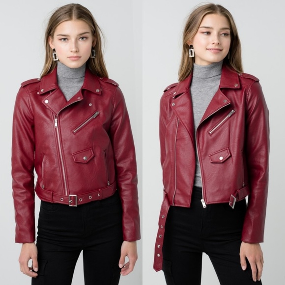 Faux Leather Jacket Red Moto biker - Picture 3 of 5